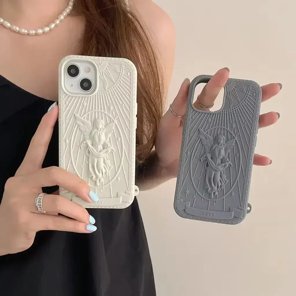 Retro Aesthetics 3D Angel Girl Silicone Phone Case For iPhone 16 15 14 13 12 Pro Max Medieval Retro Muse Statue Shockproof Cover