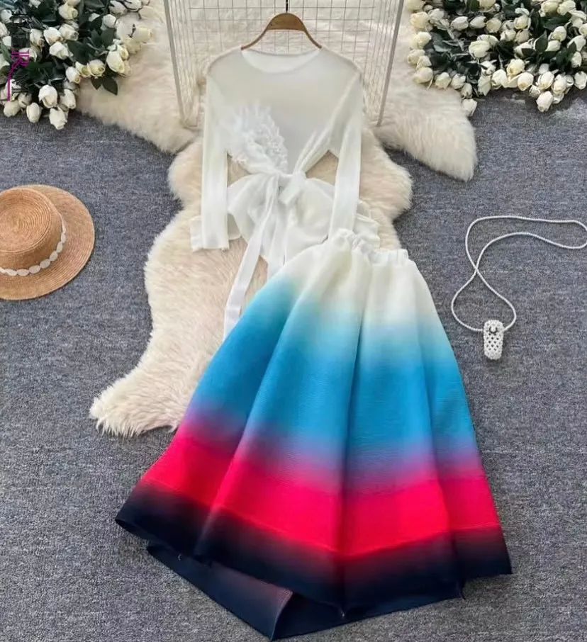 

EGRM плиссированный женский комплект из двух предметов с длинными рукавами и цветочным декором, футболка на шнуровке и юбка градиентного цвета, комплекты 8R160