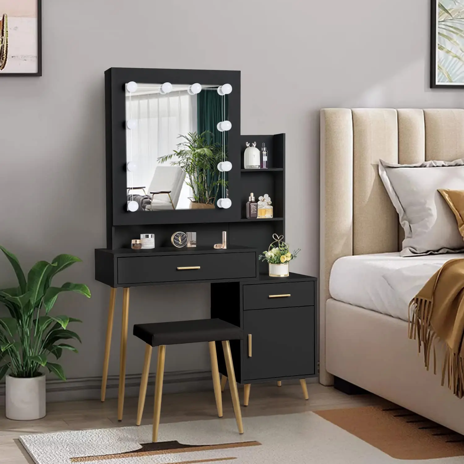 #Black Particleboard Dressing Table Set Drawers Mirror Cabinet Light Bulbs Bedroom Furniture
