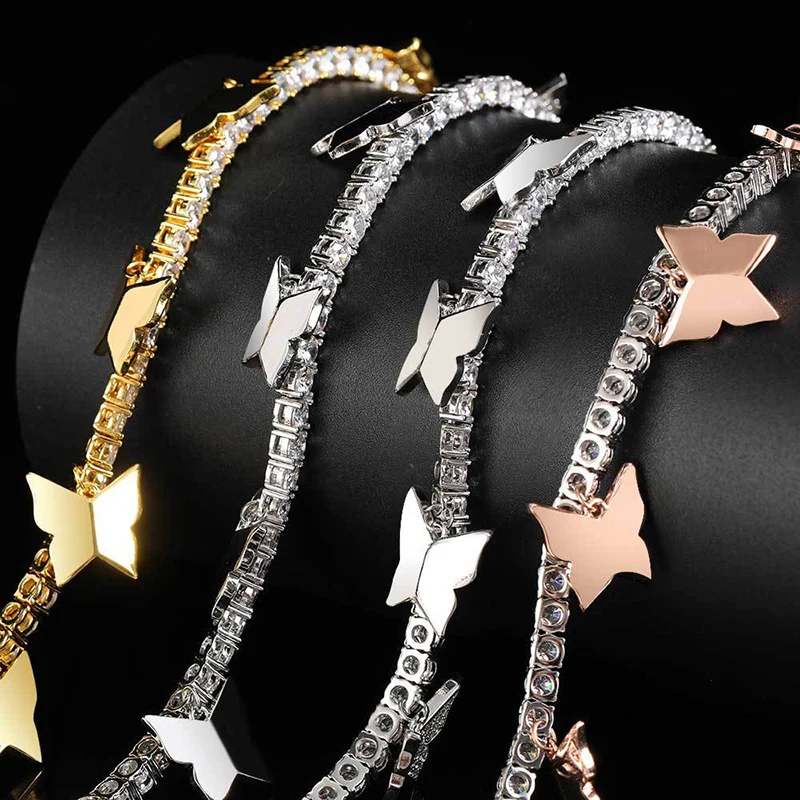 4mm Hip Hop 3A+ CZ Stone Paved Bling Iced Out Butterflys Tennis Link Chain Chokers Necklaces for Men Women Unisex Rapper Jewelry