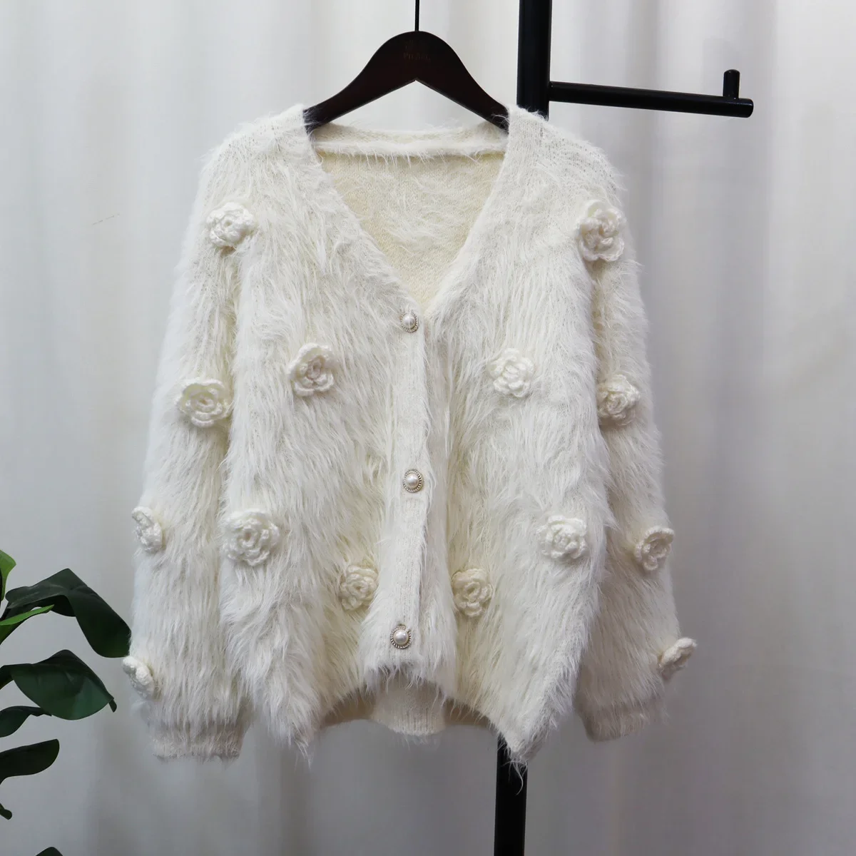 Fur Button Long Sleeve Cardigan Fluffy Top Floral Autumn Winter 2023 Pink Knitted Sweaters Women Spring Tops Jumpers Pullovers