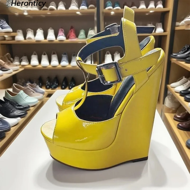 

Heronticy Handmade Women Summer Glossy Sandals T-Strap Wedges Heels Peep Toe Beautiful Yellow Shoes Ladies US Plus Size 5-16