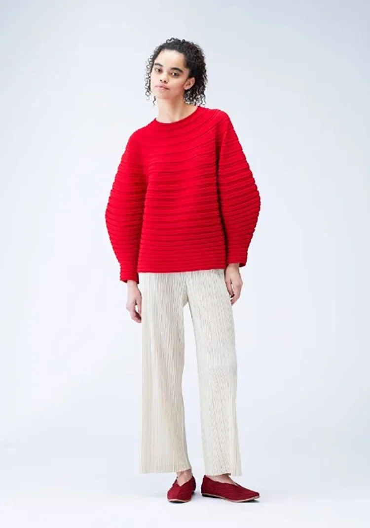 EUHG Miyake Pleated Autumn Winter Sweater Women Thickening Mushroom Knit Women Round Sleeves Tops 2024 Winter New