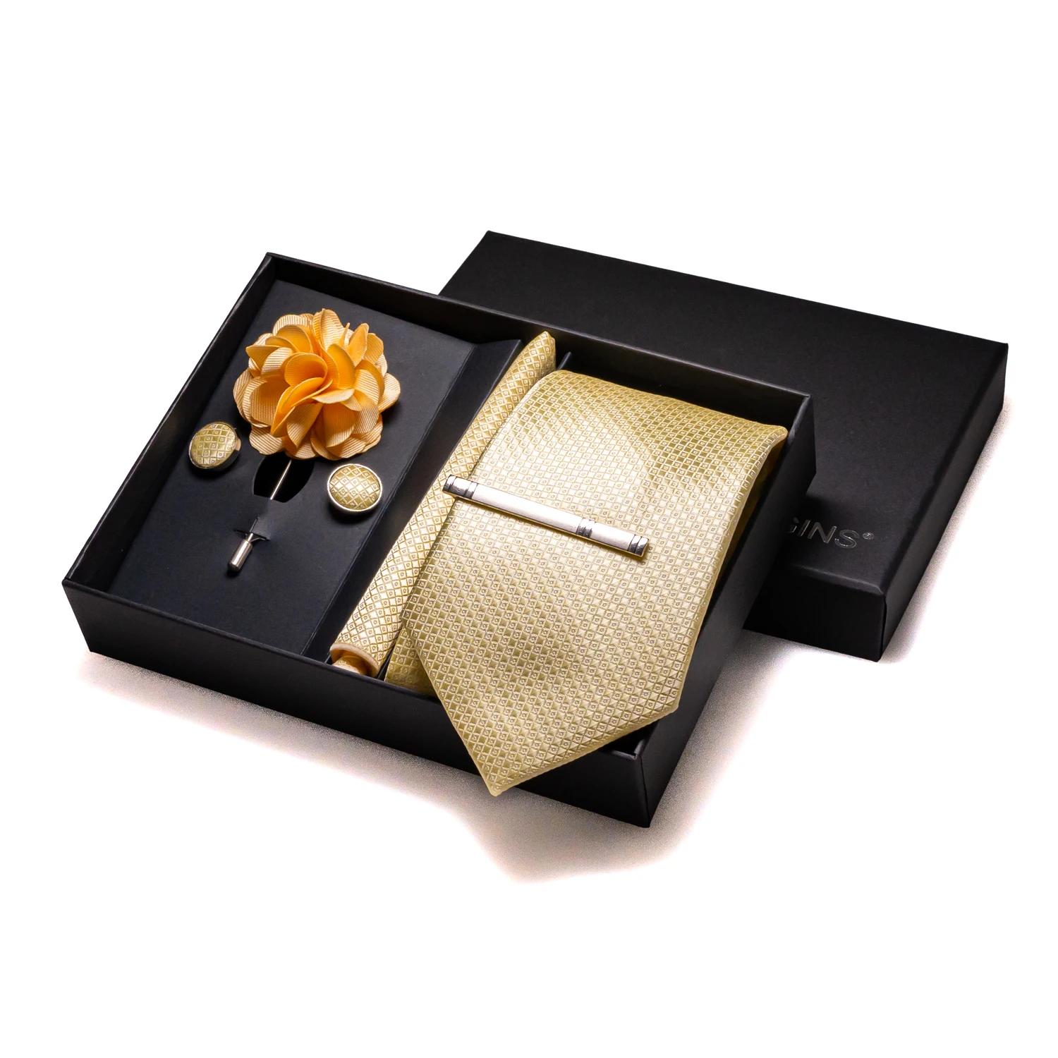 Orange Plaid Silk Wedding Tie For Men Hanky Cufflinks Luxury Gift Box Set Mens Necktie Fashion Business Party Gravat Accessories