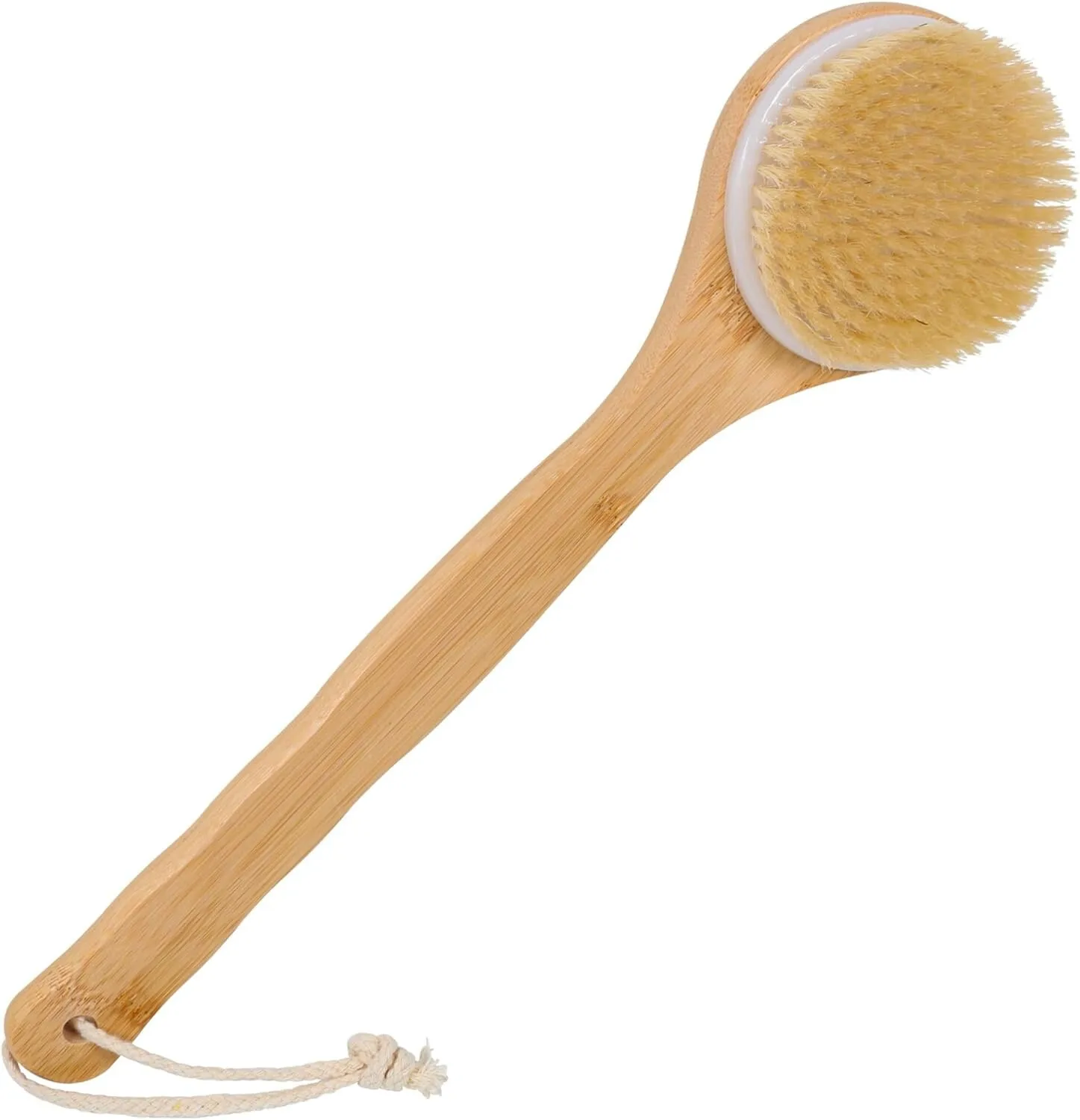 

Bamboo body scrubber with soft bristles, shower head for back washing, anti-slip long handle