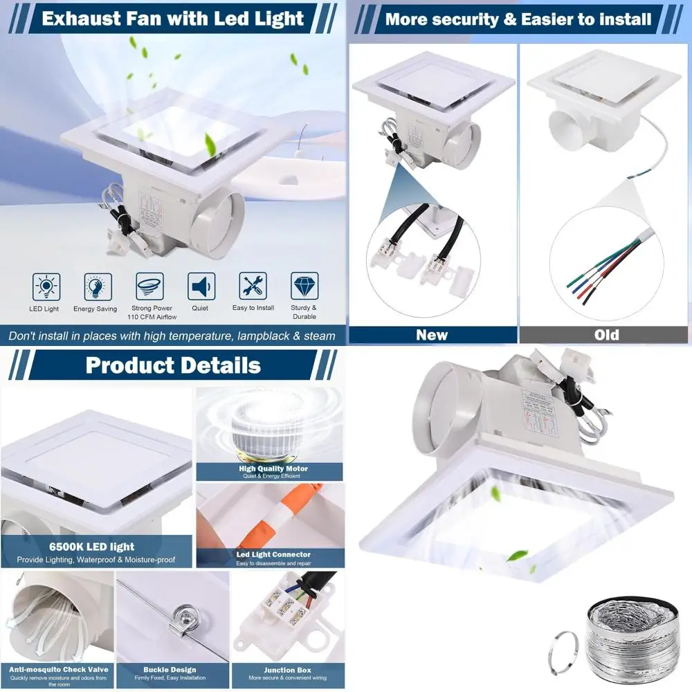 

4 110 CFM LED Bathroom Exhaust Fan with Light, 30W, 110-220V, Ultra Quiet Ceiling Mount Ventilation System