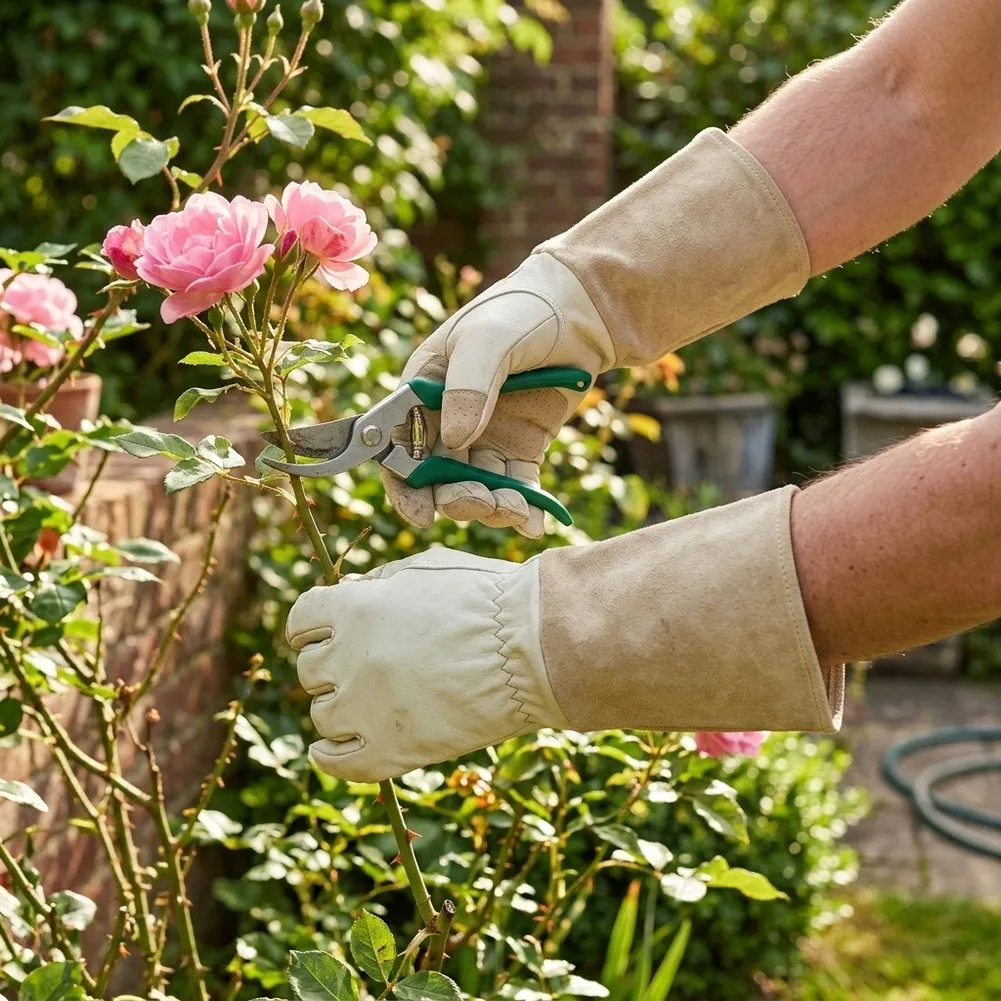 Pigskin Leather Gardening Gloves with Flexible Fit Extended Cuff for Outdoor Plant Care Pruning and Weeding Work