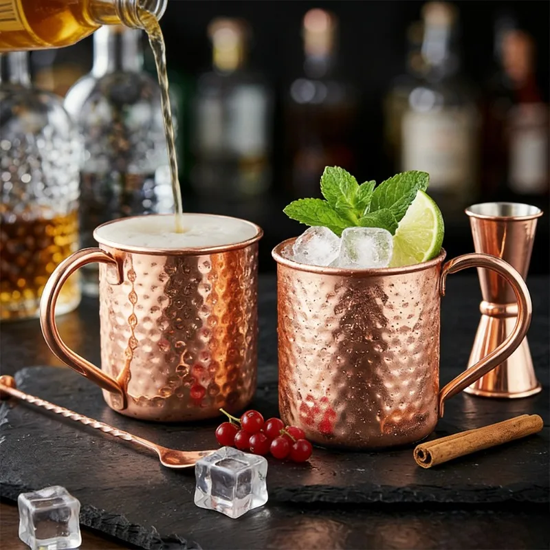 1pc Hand Hammered Pure Copper Moscow Mule Mug Ayurvedic Health Cup Sturdy Riveted Handle Large Capacity Metal Drinking Cup