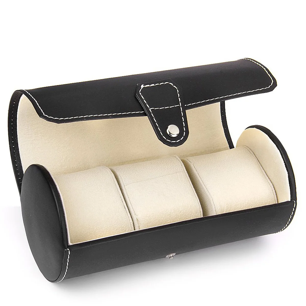 

Black PU Watch Storage Box 3 Slot Compact Travel Case Cylindrical Button Closure Jewelry Organizer Dustproof Fingerprint