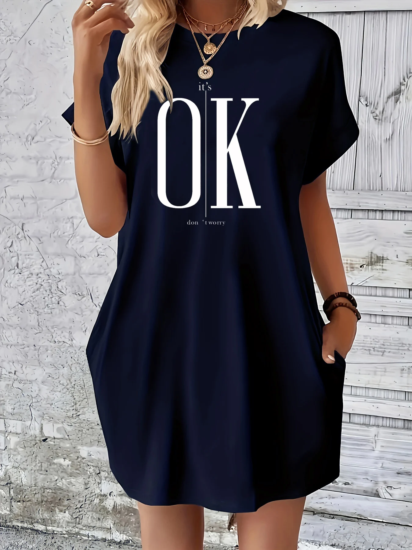 

Women's Summer Loose It's OK Don't Worry Print Round Neck Short Sleeve Comfortable Casual Plus Size Dress