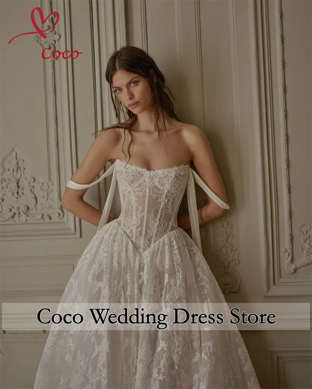 Customised Elegant Strapless Corset Lace Wedding Dress Floor Length Ball Gown with Train Off Shoulder Design Vestidos De Novias