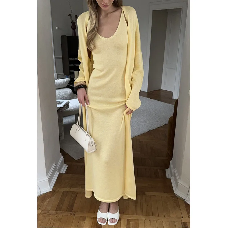 

2025 Knitted Hollow Vest Long Skirt + Long Sleeve Cardigan Set Women's Soft Knitted Shirt 2-Piece Set Club Clothing Vestidos