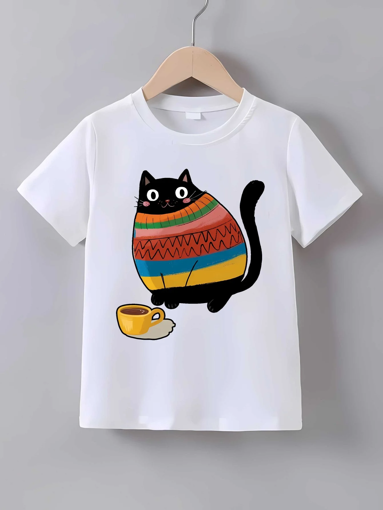 Chubby Black Cat In Color Sweater Coffee Cup Print T Shirt Family Matching Outfit Boys Girls Kid Short Sleeve Children Daily Tee