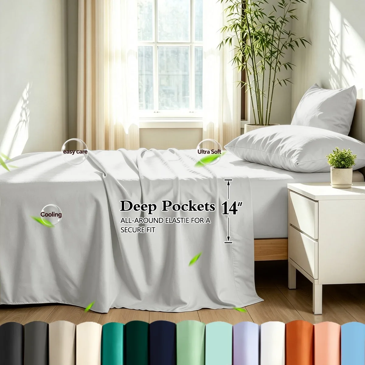 Queen Size 3/4pcs Bamboo Fiber Fitted Sheet Set, 14-Inch Deep Pockets, Hotel Luxury Sheets, Ultra-Soft, Comfortable, Breathable, Wrinkle-Resistant, And Fading-Resistant. Includes Fitted Sheet, Sheet, And 1/2 Pillowcase