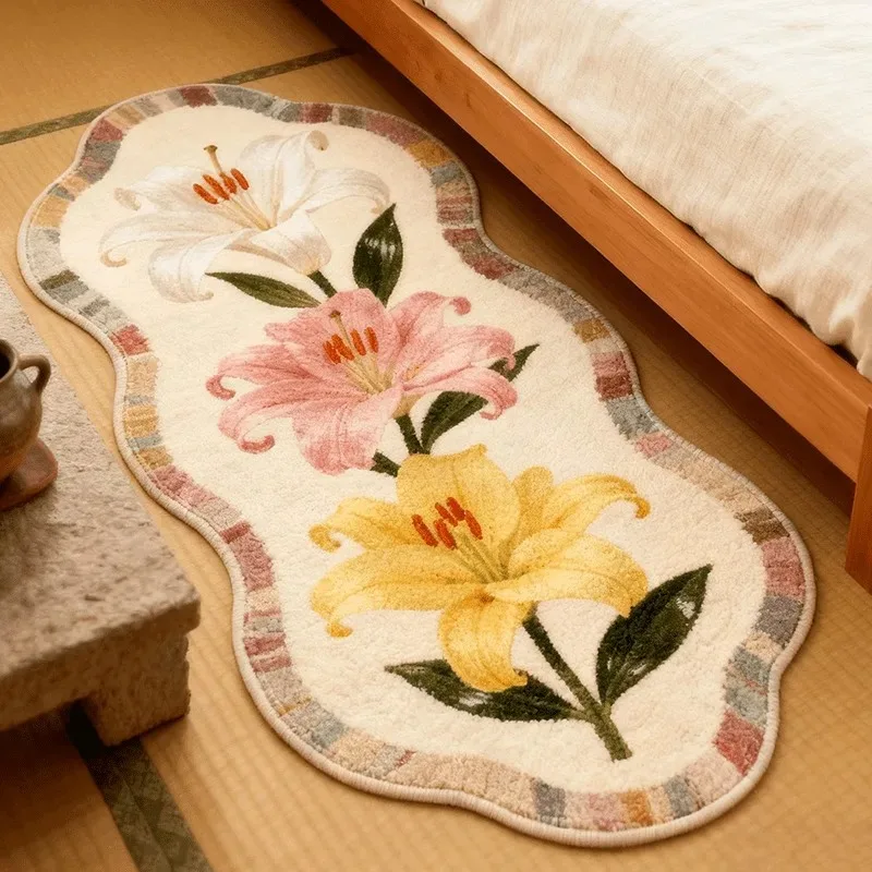 Bedroom Carpet Soft Comfortable Faux Cashmere Floor Mat Long Floral Print Irregularly Shaped Bedside Mats Modern Home Decor Rug