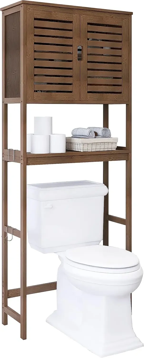 Bathroom Storage Shelf with Cabinet, Bamboo Over-The-Toilet Organizer Rack, Freestanding Toilet Space Saver with 3-Tier A