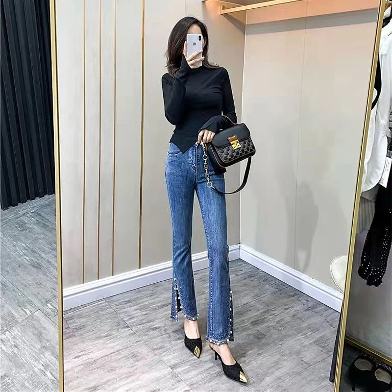 High Waist Slimming Nine-Tenths Flared Jeans Women's Summer New Sle Sequin Heat Pred Denim Pants Long Trousers