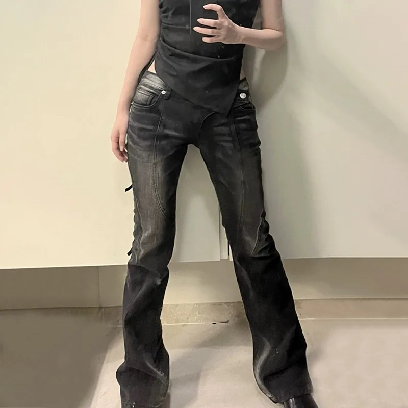 Karrram Vintage Distressed Low Waist Jeans Grunge Asymmetrical Waist Denim Pant Korean Fashion Black Flare Jeans Kpop Streetwear - Image 2