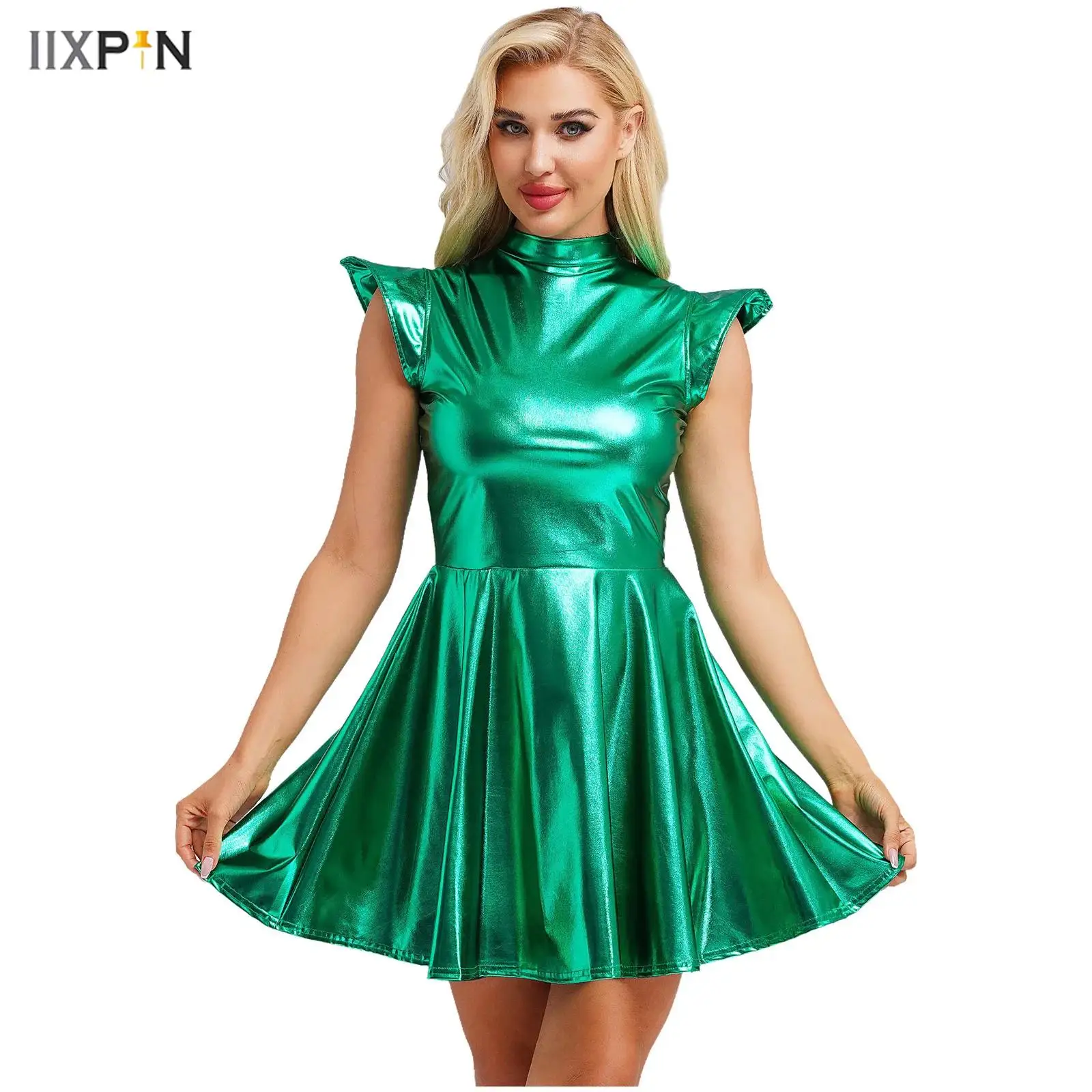 

Womens Holography Metallic Dress Fashion Clubwear Mock Neck Cap Sleeve High Waist A-line Dress Halloween Cosplay Party Dress New