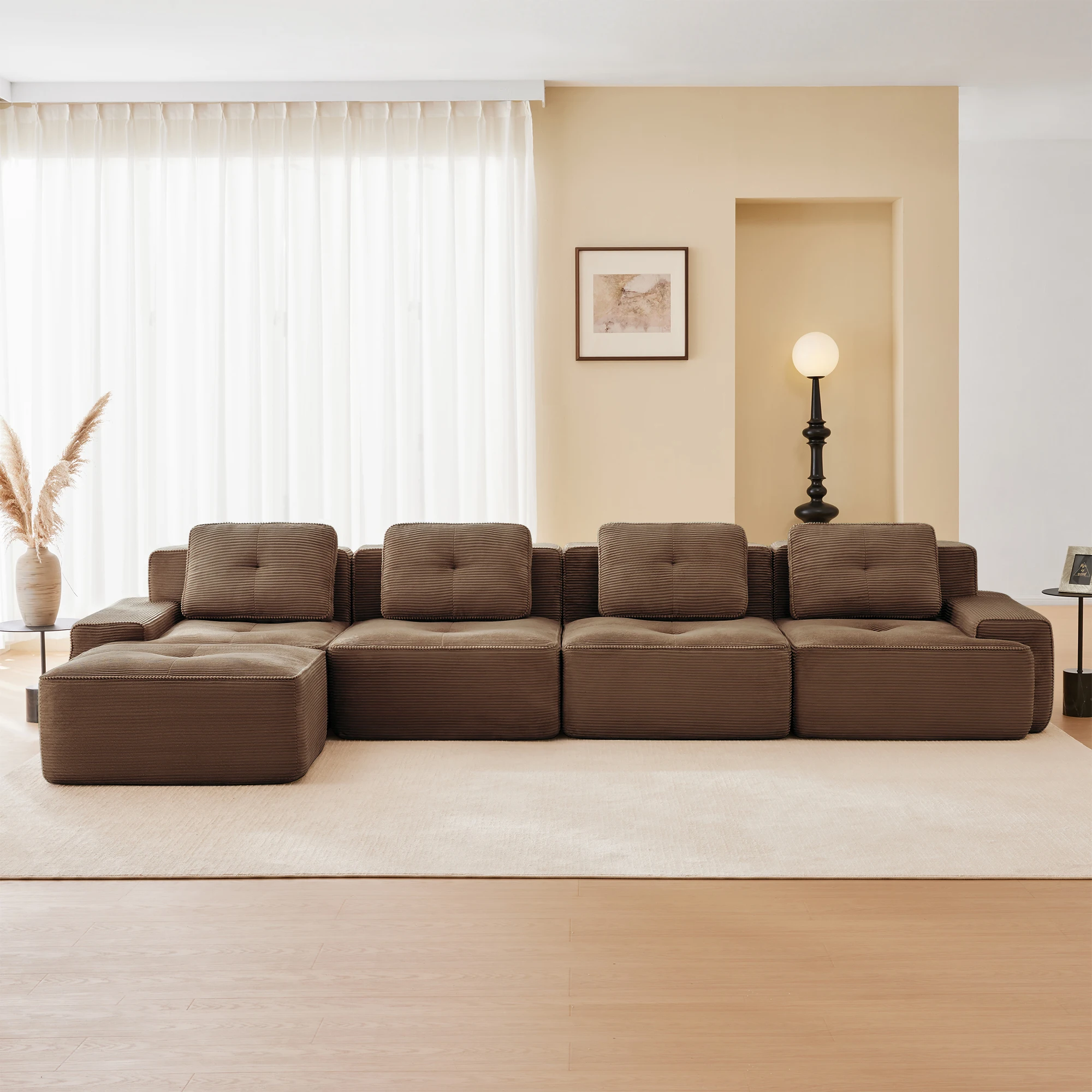 Sofá comprimido modular sin hueso marrón, sofá moderno para sala de estar con asiento profundo, cómodo sofá de pana de 4 asientos con otomana