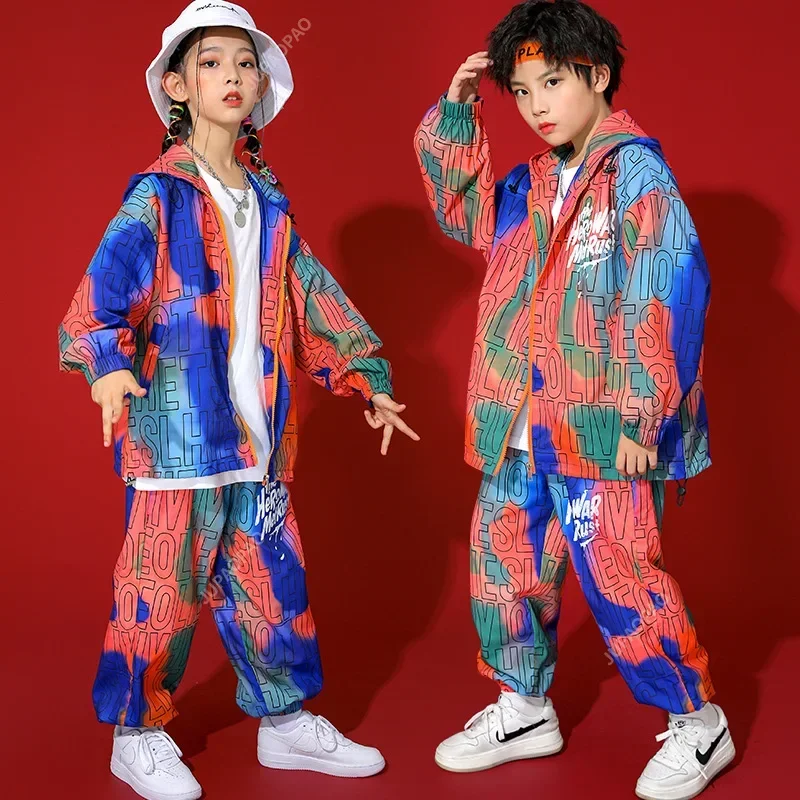 Girl Boy Jazz Dance Costume Clothes Kid Kpop Hip Hop Clothing Zip Up Letters Print Hoodie Jacket Top Streetwear Jogger Pants