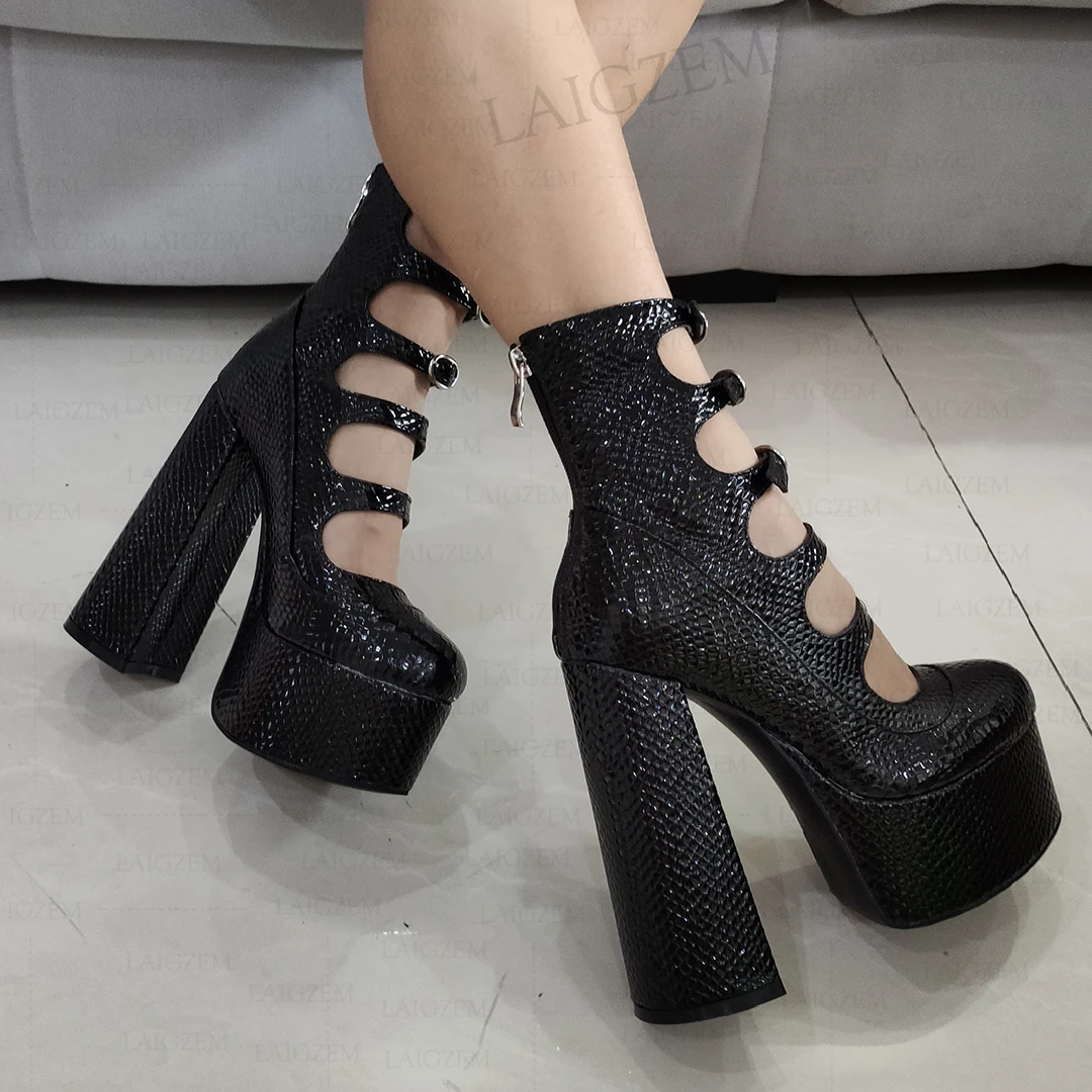 LAIGZEM SUPER Women Pumps Thick Heels Platform Buckle Straps Back Zip Cosplay Prom Ladies Girls Shoes Woman Big Size 36 43 45 47