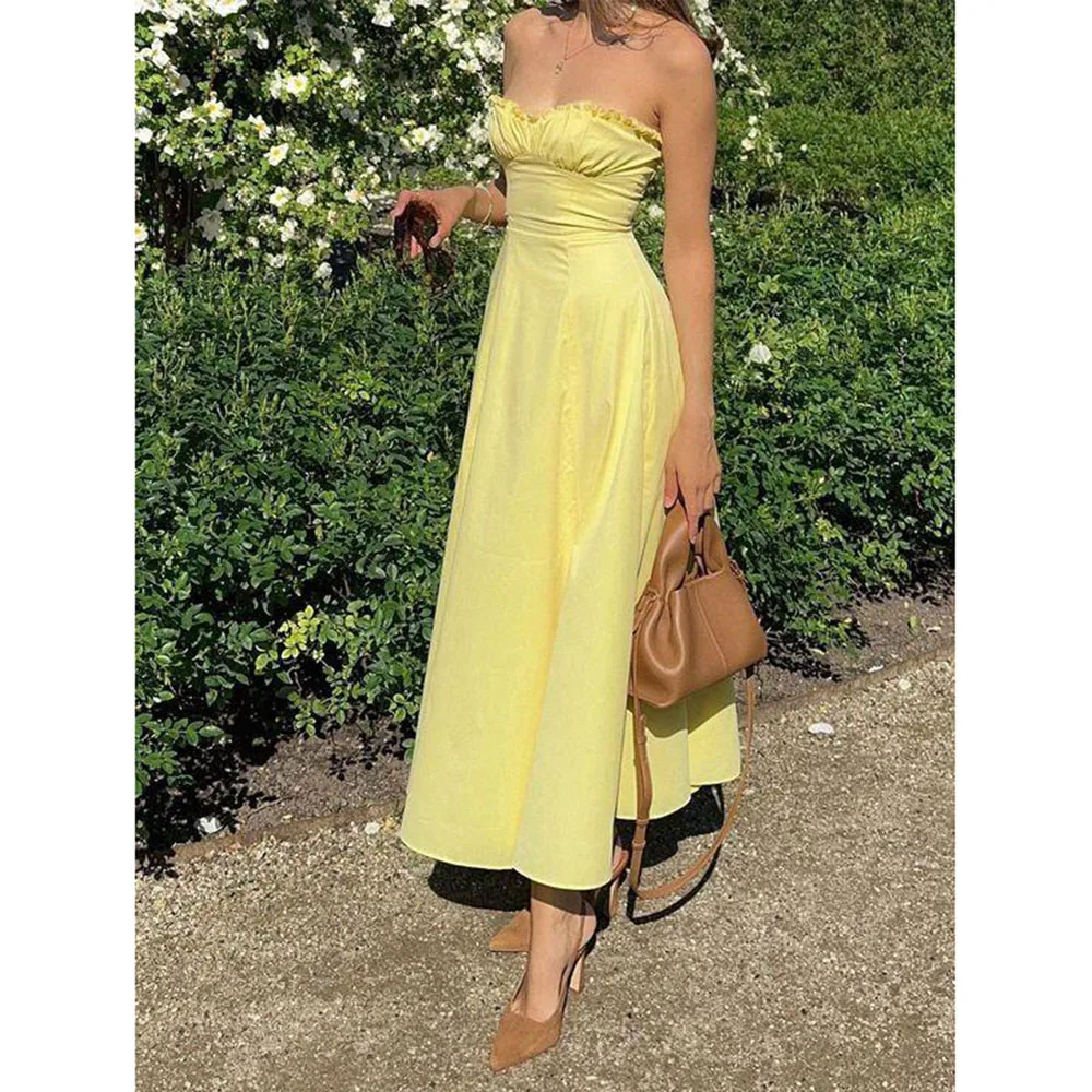 

Yellow Evening Dresses Strapless Sleeveless High Quality A Line Tea Length Prom Party Banquet Celebrity Female Gowns Classic