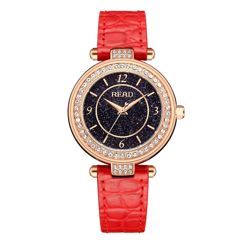 READ Women Fashion Quartz Watch | Starry Glitter Black Dial | Red Leather Band | Daily Water Resistant Round Party Watch