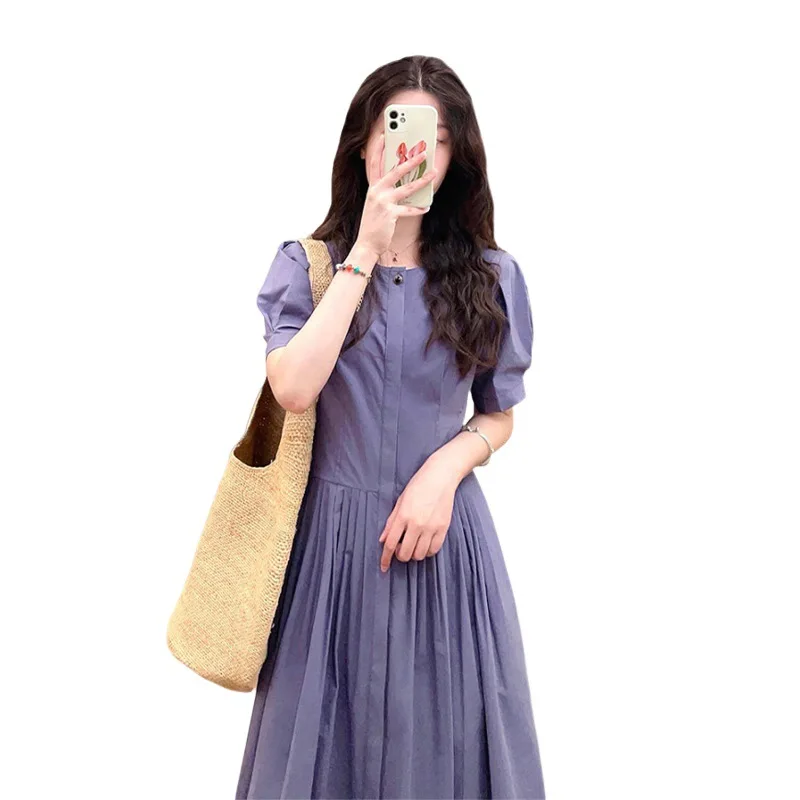 

2024 Slimming Long Dress Cotton Pressed U-neck Waist-fitted Commute Dress Short Sleeve