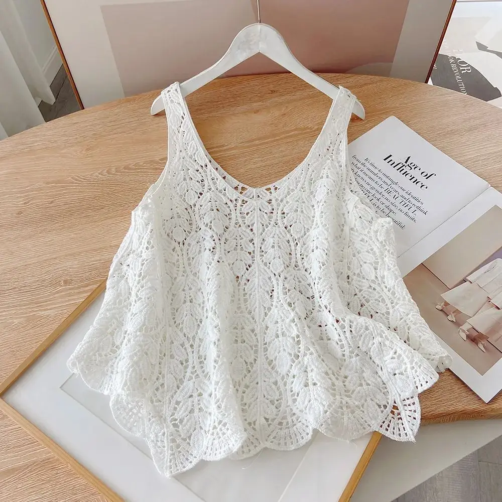 Sleeveless Crochet Top Sheer Embroidery Lace Open-knit Crop Tank Tops for Women Spring Summer Boho Vacation Outfit