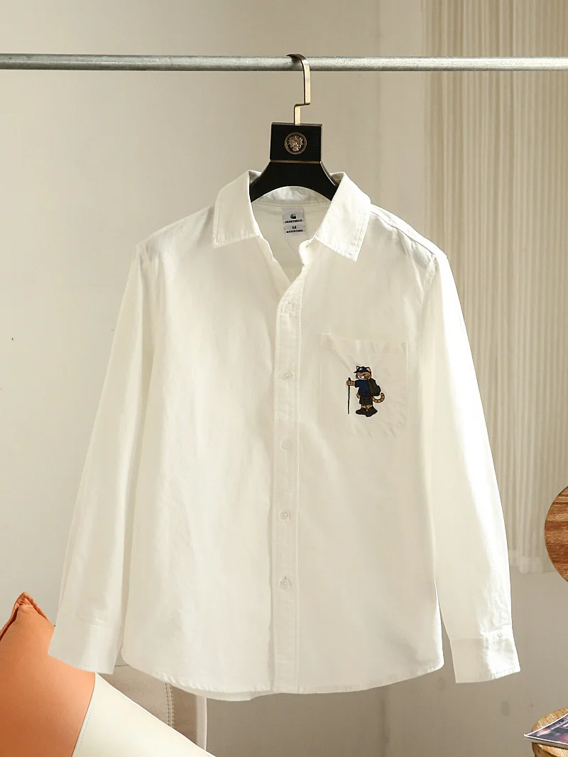 

Spring New Sle American Pure Cotton Ox Fabric Men's Embroidered Loose Casual Collar Long Sve irt Trendy Breathable