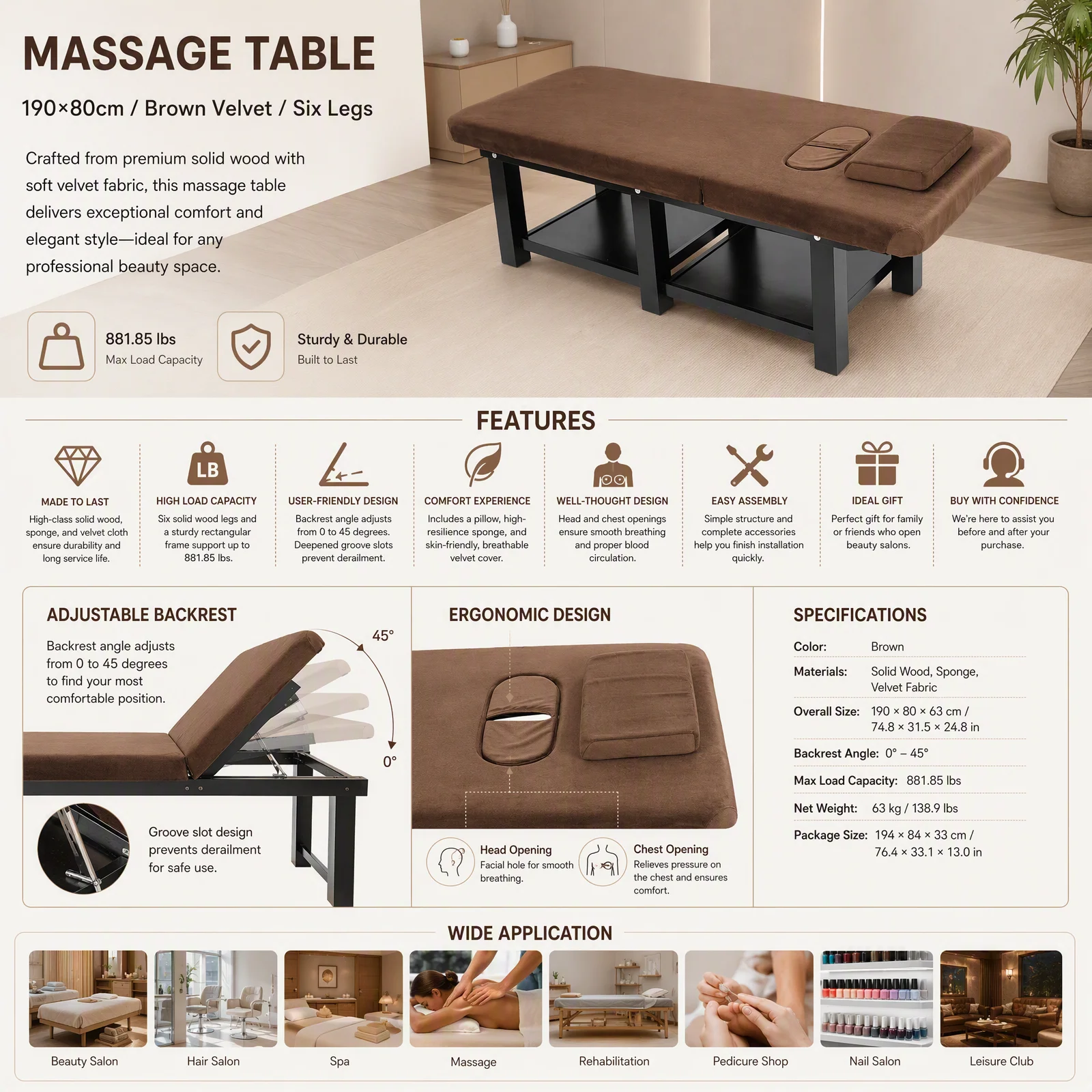 Wide Massage Bed Solid Wood Spa Facial Bed with 0-45° Adjustable Backrest, 881.85lbs Load, Velvet Cushion & Storage Shelf for Salon Beauty Physical Treatment