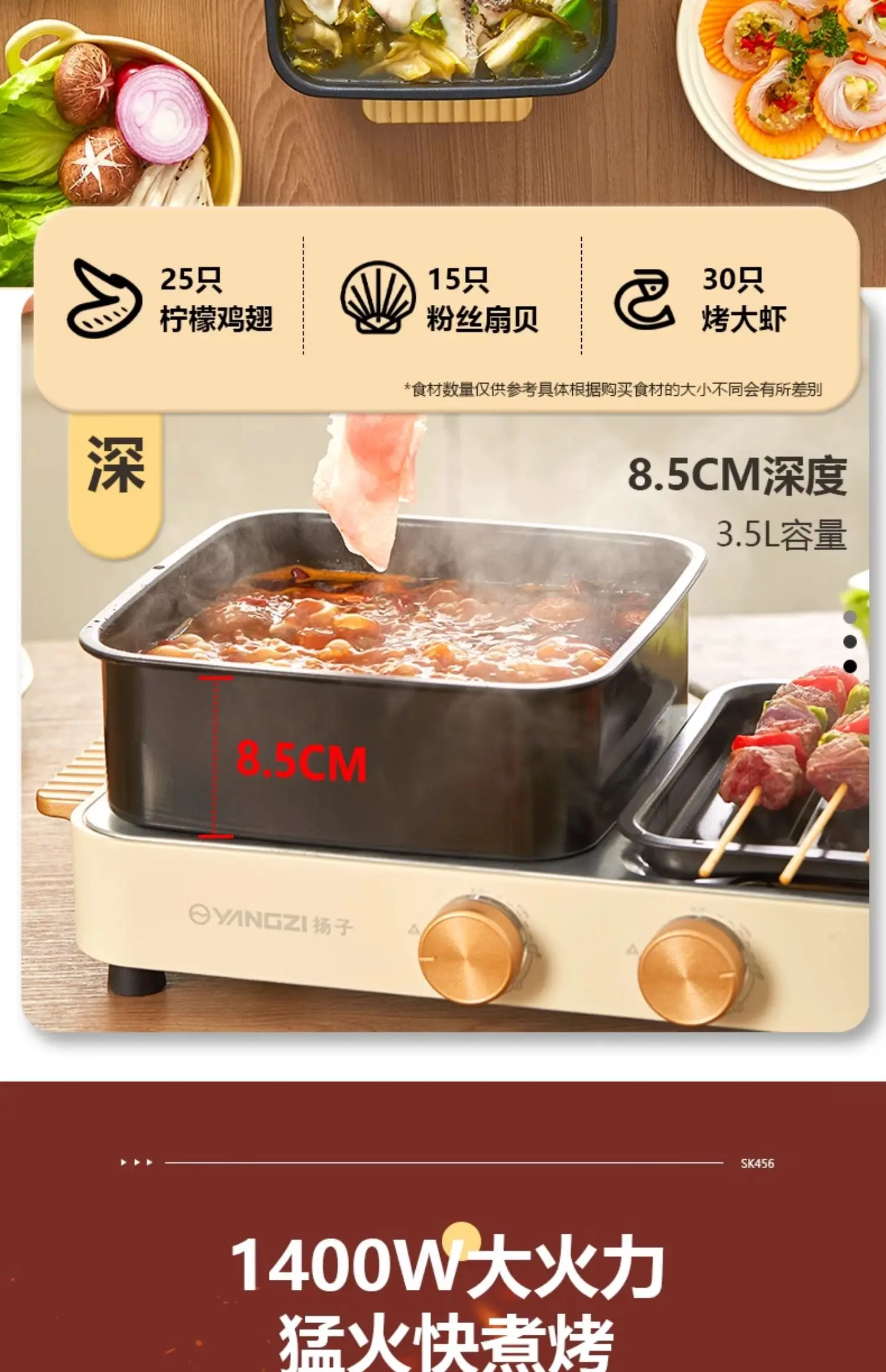 Yangzi elektrischer Haushalts-Hot Pot, multifunktionale elektrische Backform, Spülung und Braten, integrierter Elektroofen, Innengrill