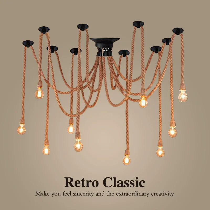 

Hemp Rope Pendant Light American Countryside Retro Headband Coffee Shop Bar Counter Restaurant Industrial DIY Hanging Lamp Head