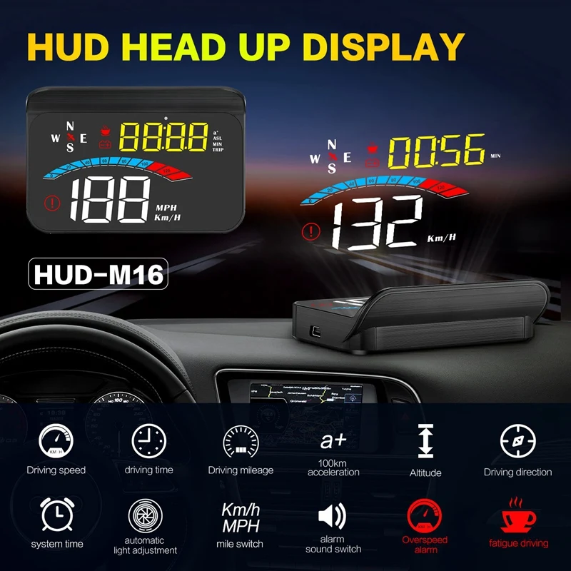 Head Up Display Car GPS Gauge Digital Speedometer Windshield Speed Projector Compass Voltage KM/H MPH For All Cars M16