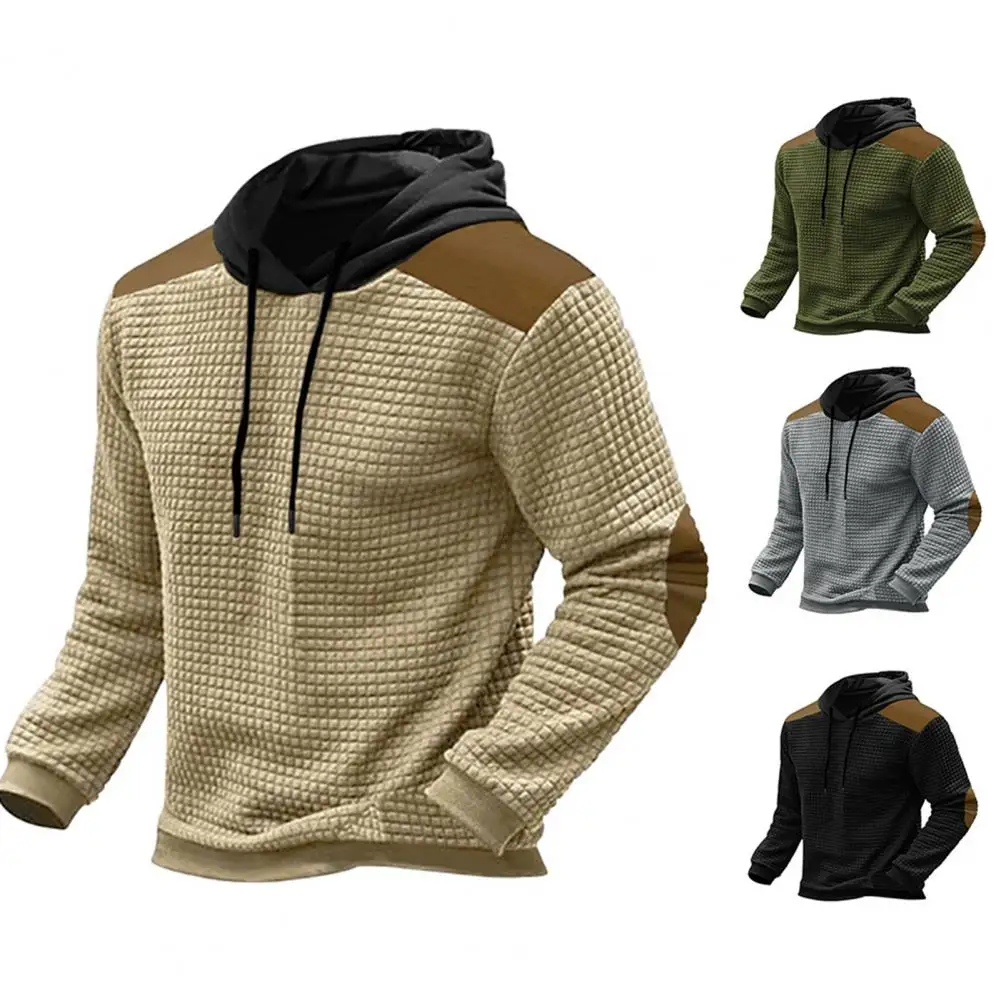 Retro Color Block Hoodie Men's Waffle Texture Hoodie with Drawstring Hood Patch Design Long Sleeve Pullover with Elastic for Men