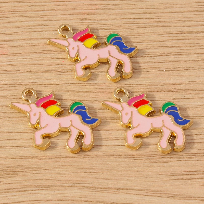 Tusember 10 Stück vergoldete Regenbogen-Emaille-Einhorn-Charm-Anhänger, Schmuckherstellung, Ohrringe, Armband, Halskette, Zubehör, DIY-Handwerk – Detail 3