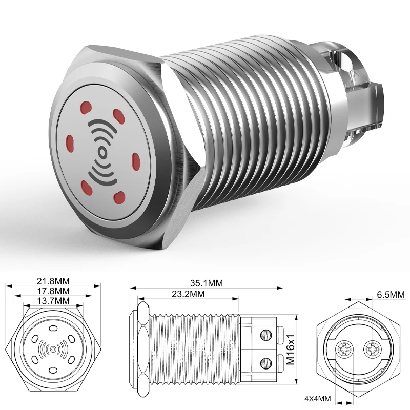 16mm Metal Buzzer Stainless Steel Waterproof High Decibel DB Sound And Light Alarm Intermittent Flash 12V 24V Red LED