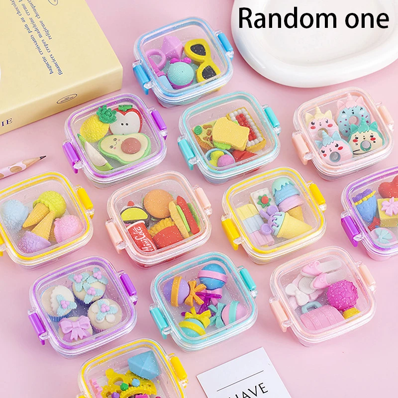 Creative Lunch Box Eraser Set Various Lovely Eraser Soft Pencil Eraser School Students Stationery Supplies Exquisite Prize Gifts