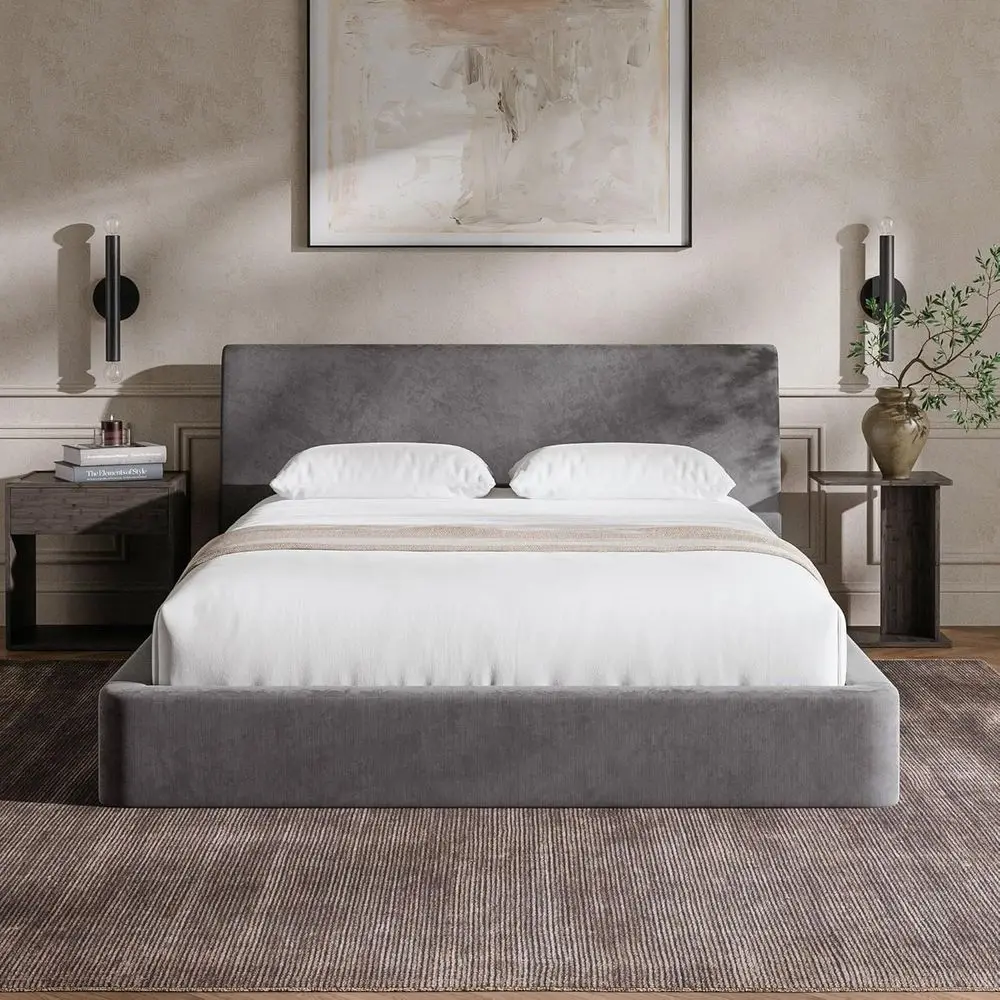 

Ergonomic Angled Foam Cushioned Queen Bed, Minimalist Platform Design, No Box Spring Required, Easy Assembly, Moon Grey