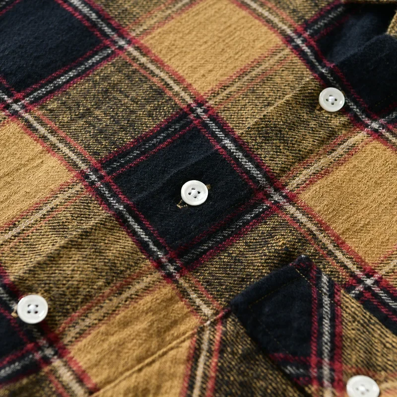 Harajuku Retro Plaid Shirt Men Spring Autumn Daily Casual Long Sleeve Shirts Pocket Pure Cotton Button Up Shirt Men Fashion Tops