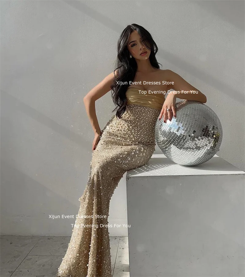 Xijun Glitter Golden Mermaid Evening Dresses Sequined Spaghetti Strap Prom Dresses Floor Length Prom Gowns Luxury Party Gowns