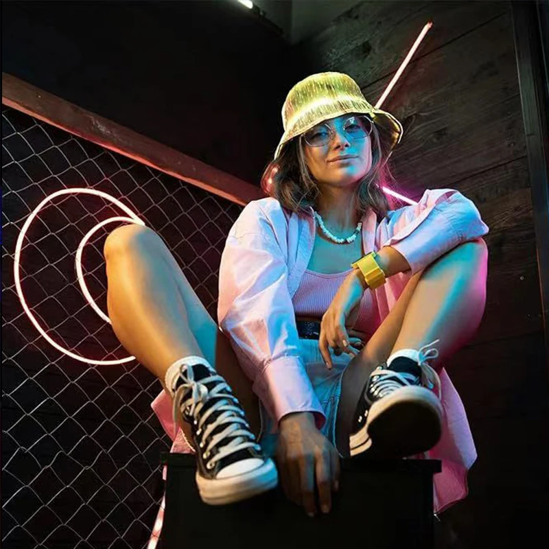 LED Fiber Optic Neon Fischer Hut Leuchtende Farbwechsel Eimer Hut Nachtclub Konzert Bar Requisiten Hiphop Dance Bühne Zeigen Dekor – Detail 13