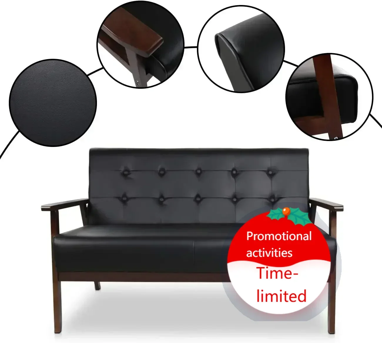 

Горячие продажи! Современный деревянный кожаный 2-местный диван, элегантный минималистичный диван-софа, прочный и долговечный диван-софа (черный)