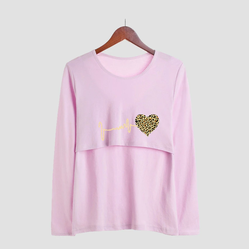 

Maternity T-shirts Nursing Long Sleeve Pregnant Graphic Tee Pregnancy Funny Graphic Fashion Leopard Heartbeat Print Tops