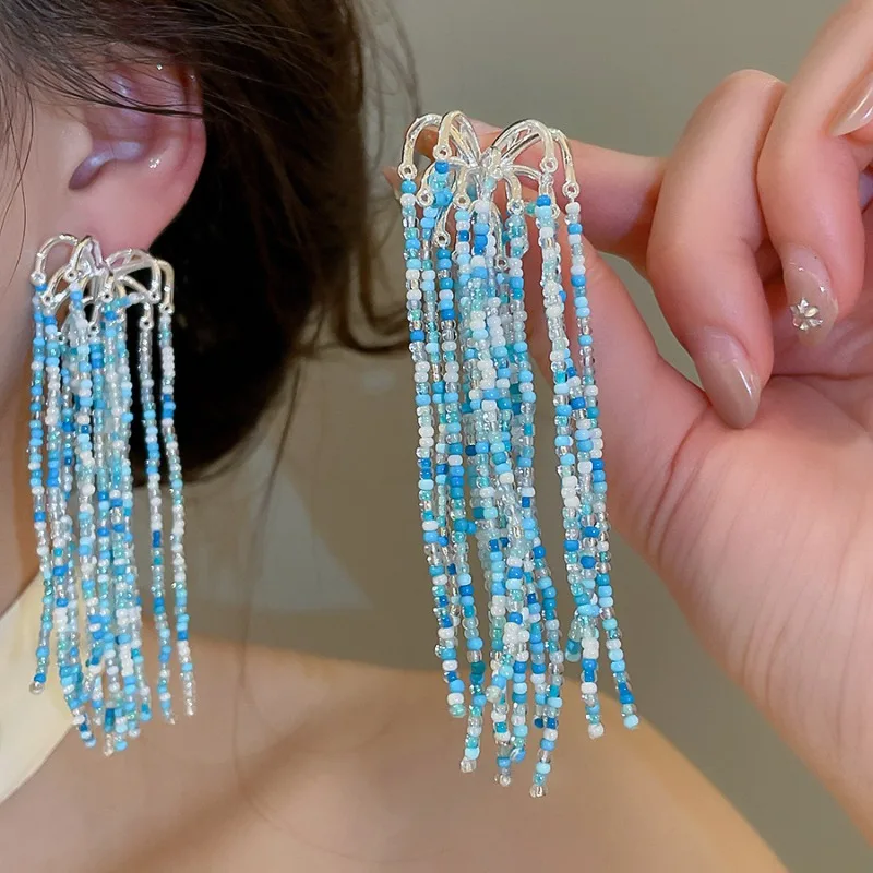 

Minar Handmade Clear Blue Mix Color Glass Beads Strand Flowers Tassel Long Drop Earrings for Women Silver Plated Copper Jewelry