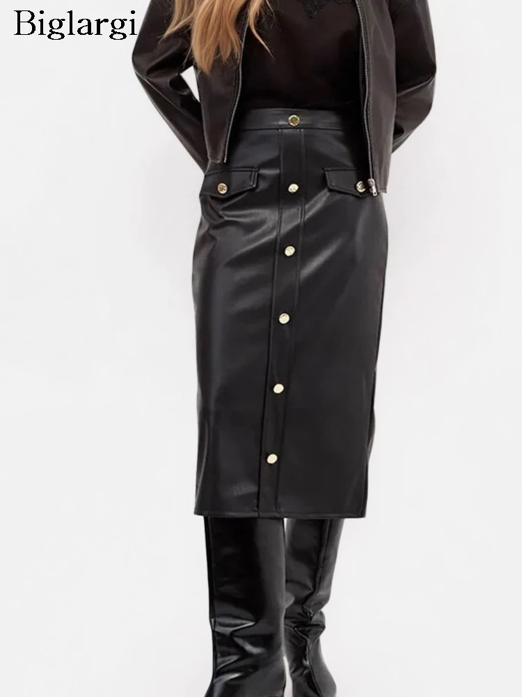 

PU Autumn Winter Skirt Women Elegant Fashion High Waist Ladies Leather Skirts Korean Style Woman Midi Straight Skirt