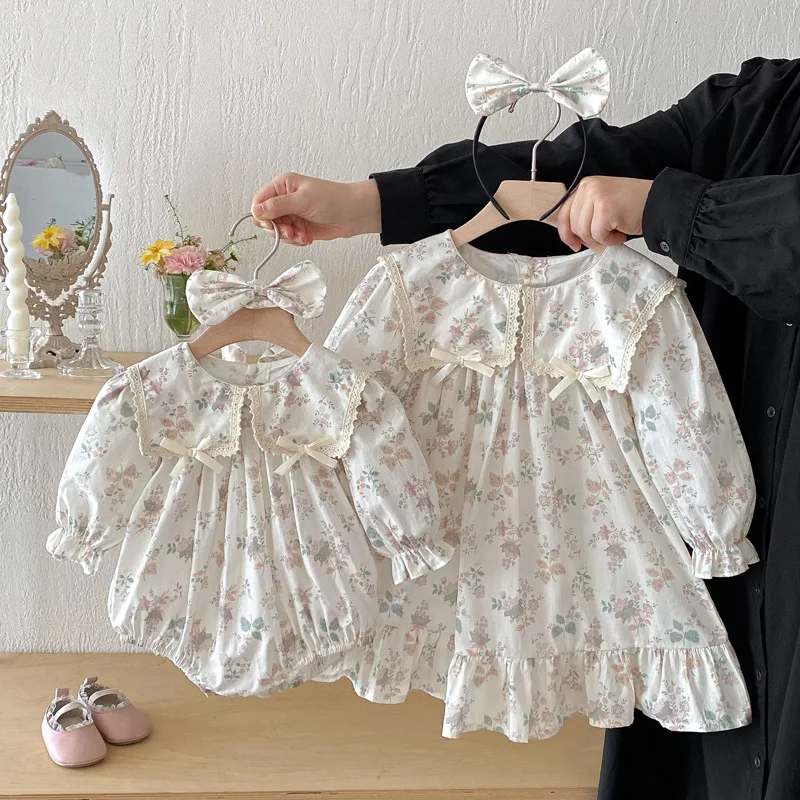 

Toddler Girl Romper Autumn Puff Sleeves Floral Round Neck Infant Baby Girl Jumpsuit Navy Collar Long Sleeve 1-6Y Baby Girl Dress