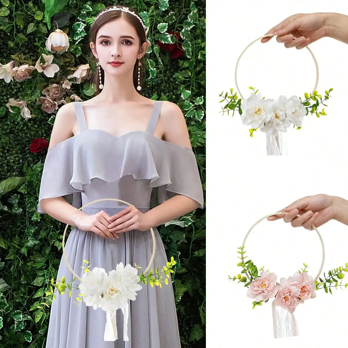 1Pc Wedding Round Bamboo Flower Wreath, Western-Style Wedding Bridesmaid Artificial Flower Handheld Wreath, Bridesmaid Rose Wreath, Suitable for Weddings and Festivals, Lace Tassel Home Decoration Wall Hanging Round Wreath, Photography Props, Wedding Dress Accessories