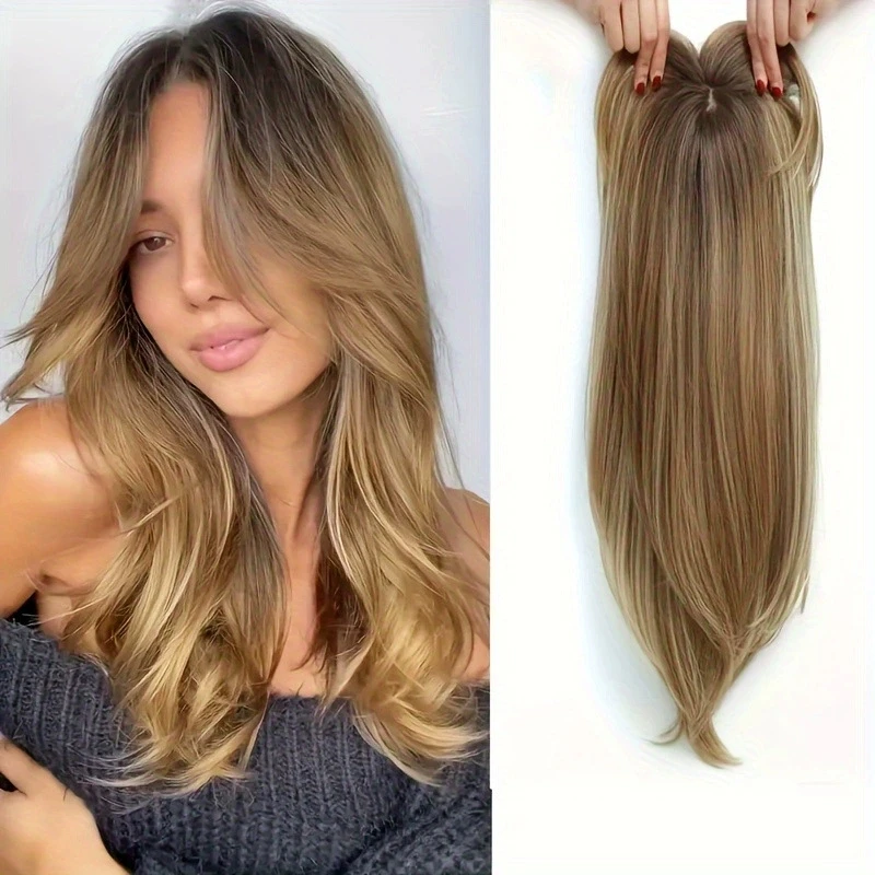 Ladies Long Curly Synthetic Fiber Closure Top Wig Gradient Color Middle Parted Bangs Breathable Hair for Increased Growth